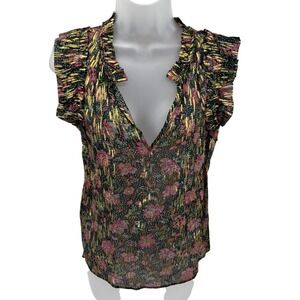 Caballero Black Metallic Gold Floral Ruffle Cap Sleeve V-Neck Blouse Top Women S